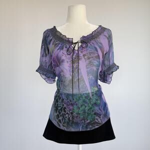 B.L.E.U. Tunic Blouse Womens M Purple Floral Rhinestone Scoop Neck Sheer Top